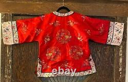 Vintage Red Embroidered Chinese Silk Cheongsam Robe Kimono Coat Jacket