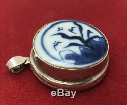 Vintage Sterling Silver Necklace 925 Antique Ceramic Locket Chinese Pendant Blue