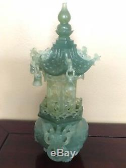 Vintg Chinese Export Carved Nephrite Jade XIU YU Incense Burner-4 Parts Pagoda