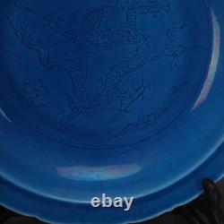 Vivid Chinese Hand Painting Blue Glazed Porcelain Dragon Plate