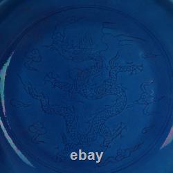 Vivid Chinese Hand Painting Blue Glazed Porcelain Dragon Plate