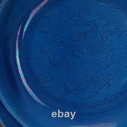 Vivid Chinese Hand Painting Blue Glazed Porcelain Dragon Plate