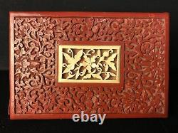 Vtg Antique Chinese Cinnabar Red Lacquer Box Carving Top Floral Decoration