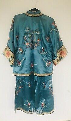 Vtg Chinese Qing Dynasty Deco Embroidered Antique Robe Pajama Lounge Set