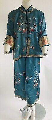 Vtg Chinese Qing Dynasty Deco Embroidered Antique Robe Pajama Lounge Set