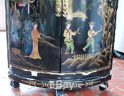Vtg Oriental Chinese Furniture Black Lacquer Corner Cabinet Girl Lady Landscape