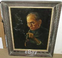 Wahso Chan Elder Chinese Woman Smoking Original Oil On Canvas Painting