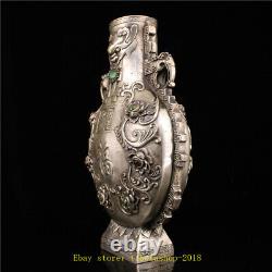 10.63 Cuivre Chinois Argent Incrustation Gemme Sculpté Fleur Bête Patrons De Tête Vase