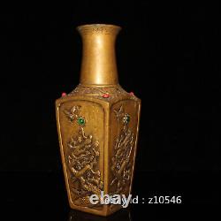 10 Antiquités Chinoises Cuivre Pur Pierres Précieuses Incrustées Or Gilt Vase À Quatre Cornes