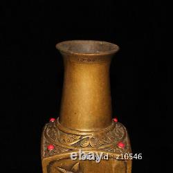 10 Antiquités Chinoises Cuivre Pur Pierres Précieuses Incrustées Or Gilt Vase À Quatre Cornes