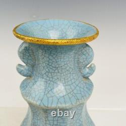 10 Chinese Porcelaine Song Dynastie Guan Four Cyan Gilt Glace Crack Double Oreille Vase