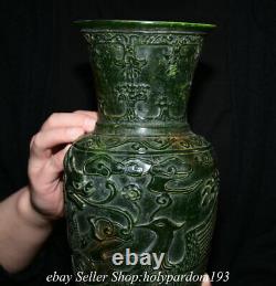 11.6 Vieux Chinois Vert Jade Sculpté Fengshui Dragon Phoenix Vase De Bouteille