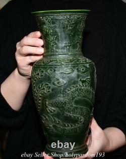 11.6 Vieux Chinois Vert Jade Sculpté Fengshui Dragon Phoenix Vase De Bouteille