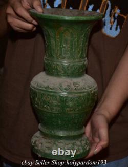 11.6 Vieux Chinois Vert Jade Sculptée Dynastie Bête Mots Visage Vase De Bouteille Statue