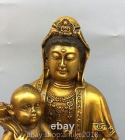 11,8 Statue en bronze doré chinois Fengshui Kwan-yin Guan Yin Bodhisattva Apportez Kid
