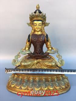 12.2 Anciens antiquités chinoises faites à la main Statue du Bouddha de la longévité en cuivre pur doré.