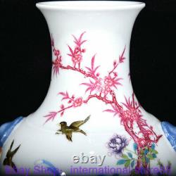 12.4 Vase De Bouteille D'oiseau De Fleur De Porcelaine De Couleur Rouge Chinoise Ancienne Marquée