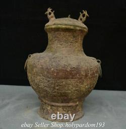 12.6 Ancien vase bouteille avec couvercle à motif de dragon de la dynastie de la vaisselle en bronze chinois