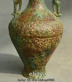 12.8 Old Chinese Bronze Ware Dynasty Beast Ears Bouteille Vase Jar Bateau De Boisson