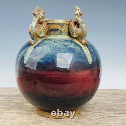 12.8 Porcelaine Ancienne Chinoise Chanson Dynastie Jun Kiln Fambe Four Phoenix Oreille Vase