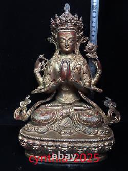 12 Anciens antiquités chinoises en cuivre pur doré à la main Quatre bras Bodhisattva Bouddha