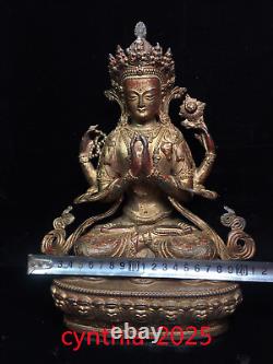 12 Anciens antiquités chinoises en cuivre pur doré à la main Quatre bras Bodhisattva Bouddha