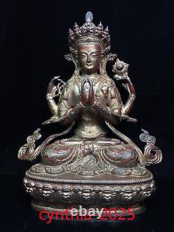 12 Anciens objets chinois en cuivre pur doré à la main Quatre bras Bodhisattva Bouddha