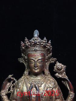 12 Anciens objets chinois en cuivre pur doré à la main Quatre bras Bodhisattva Bouddha