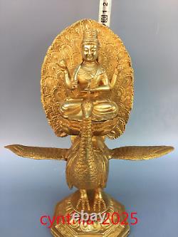 12 Antiquités chinoises anciennes en cuivre pur doré Statue du Roi Ming Bouddha Paon