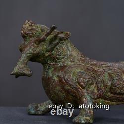 12 Antiquités chinoises en bronze faites à la main Statue de tigre mangeant un cerf à motif floral