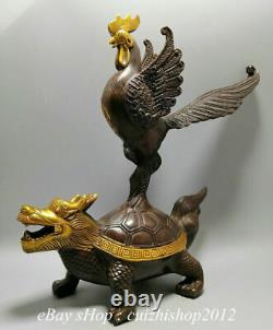 12 Chinois Bronze Gilt Dragon Tortue Phoenix Phenix Feng Sculpture Animale