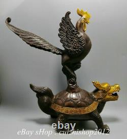 12 Chinois Bronze Gilt Dragon Tortue Phoenix Phenix Feng Sculpture Animale