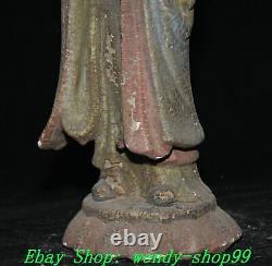 12 Laque De Vieux Bois Chinois Peinture Stand Guan Yin Kwan-yin Bouddha Statue