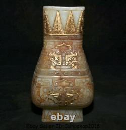 13.2 Vieux Chinois Blanc Jade Gilt Sculpté Dynastie Bête Visage Vase De Bouteille Jar Jug