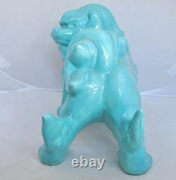 13.5 Vintage Chinois Ou Japonais Style Bleu Turquoise Porcelaine Foo Dog / Lion