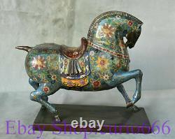 13 Ancienne statue de cheval Feng Shui en bronze émaillé cloisonné chinois sur socle de succès.