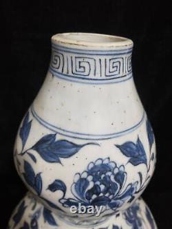 13 Chinese Antique Porcelaine Yuan Dynastie Bleu Blanc Phoenix Pivoine Gourde Vase
