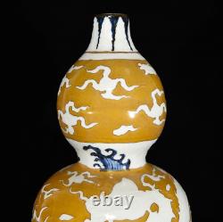 14.4 Porcelaine Chinoise Yongle Jaune Glaçure Blanc Bouteille De Dragon Vase Gourd