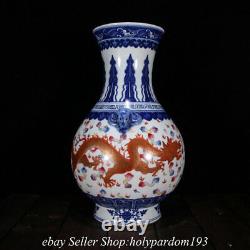 14.8 Bleu Chinois Marqué Blanc Sous Glaçure Rouge Porcelaine Dragon Vase De Bouteille Bb