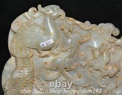 14 Vieux Chinois Hetian Jade Néphrite Fengshui Dragon Phoenix Yu Bi Fan Statue