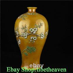 15.4 Vase De Bouteille D'oiseau De Porcelaine Jaune Marqué Vieux Chinois