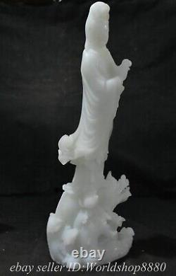 15.6 Vieux Chinois Blanc Jade Sculpté Kwan-yin Guan Yin Déesse Dragon Statue