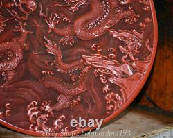 15 Assiettes de fleurs en laque rouge rare du palais chinois sculptées avec deux dragons jouant avec des perles