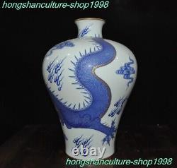 15chinois En Porcelaine Bleue Et Blanche Gilt Dragon Zun Cup Pot De Bouteille Vase Statue