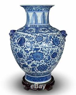 18 Classique Bleu Et Blanc Floral Vase En Porcelaine, Double Tête De Lion Oreilles Ceram