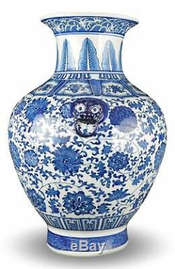 18 Classique Bleu Et Blanc Floral Vase En Porcelaine, Double Tête De Lion Oreilles Ceram