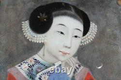 18e / 19e Siècle Chinese Reverse Glass Mirror Portrait Peinture