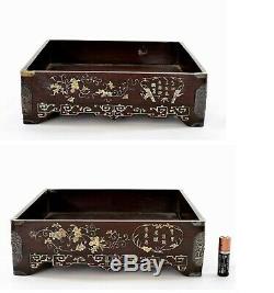 1900 Bois Chinois Boxwood Argent Nacre Inlay Plateau Thé Calligraphie