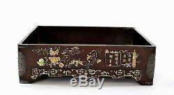 1900 Bois Chinois Boxwood Argent Nacre Inlay Plateau Thé Calligraphie