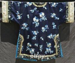 1900's Chinese Blue Silk Brodery Lady's Robe Jacket Forbidden Stitch Flower